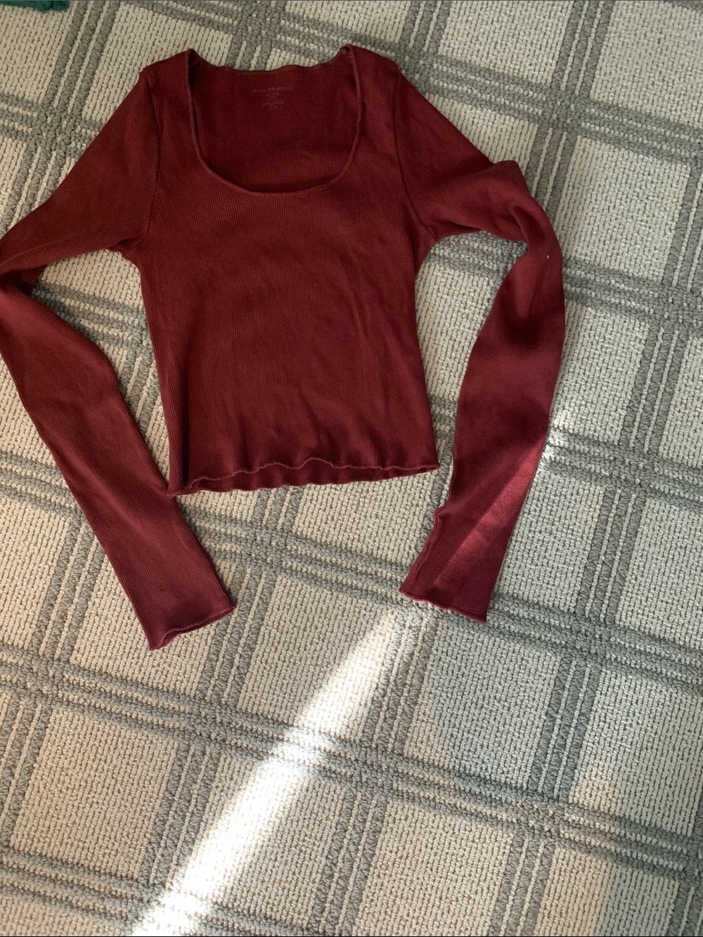 Brandy Melville Ribbed Scoop Neck Long Sleeve Top - Wine colour